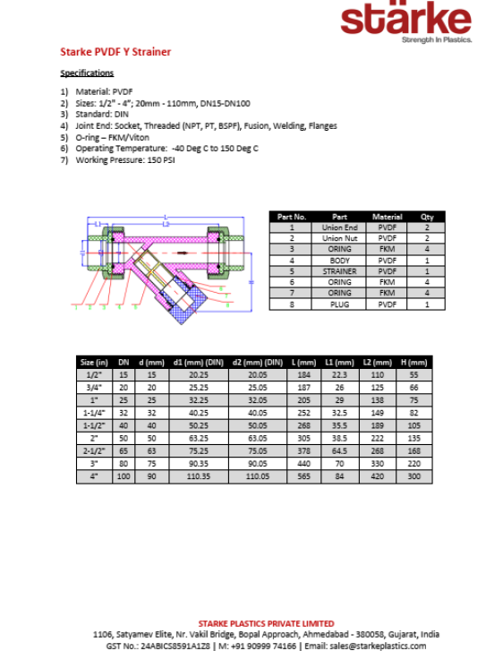 PVDF Y Strainer Specifications